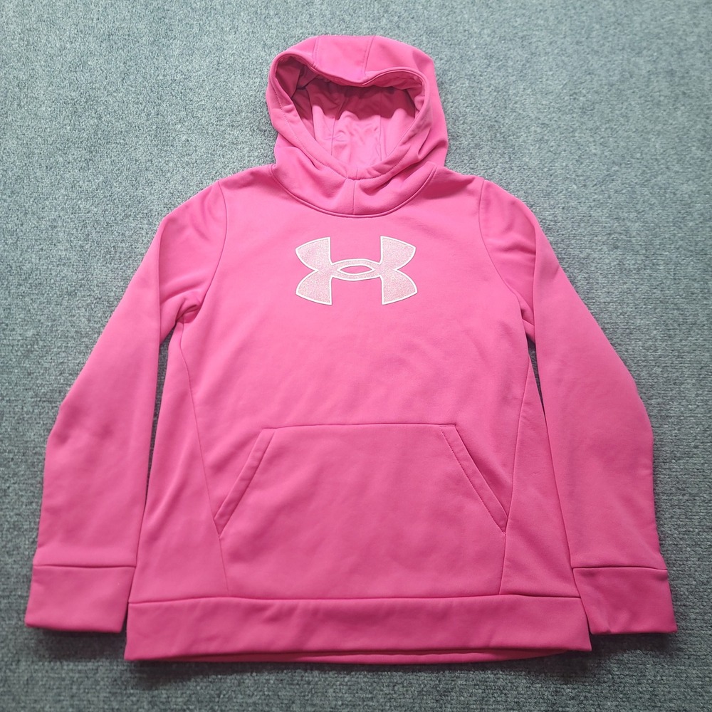 Under Armour Girls Pink Glitter Logo Fleece Hoodie Sweatshirt YL 6006496